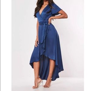 Missguided high Low wrap dress navy blue NWT